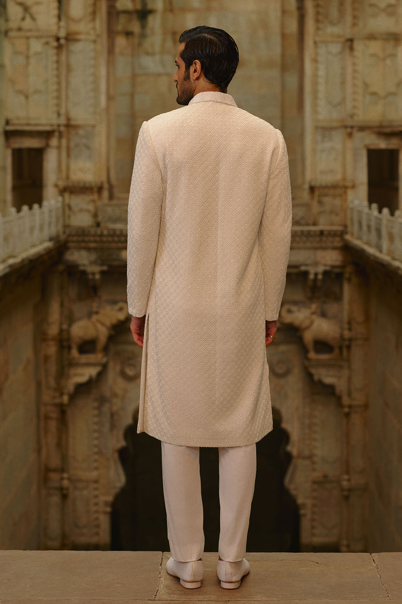 Ivory All Over Geometric Embroidered Sherwani Set