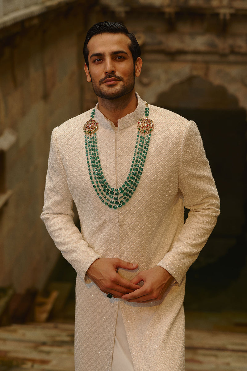 Ivory All Over Geometric Embroidered Sherwani Set