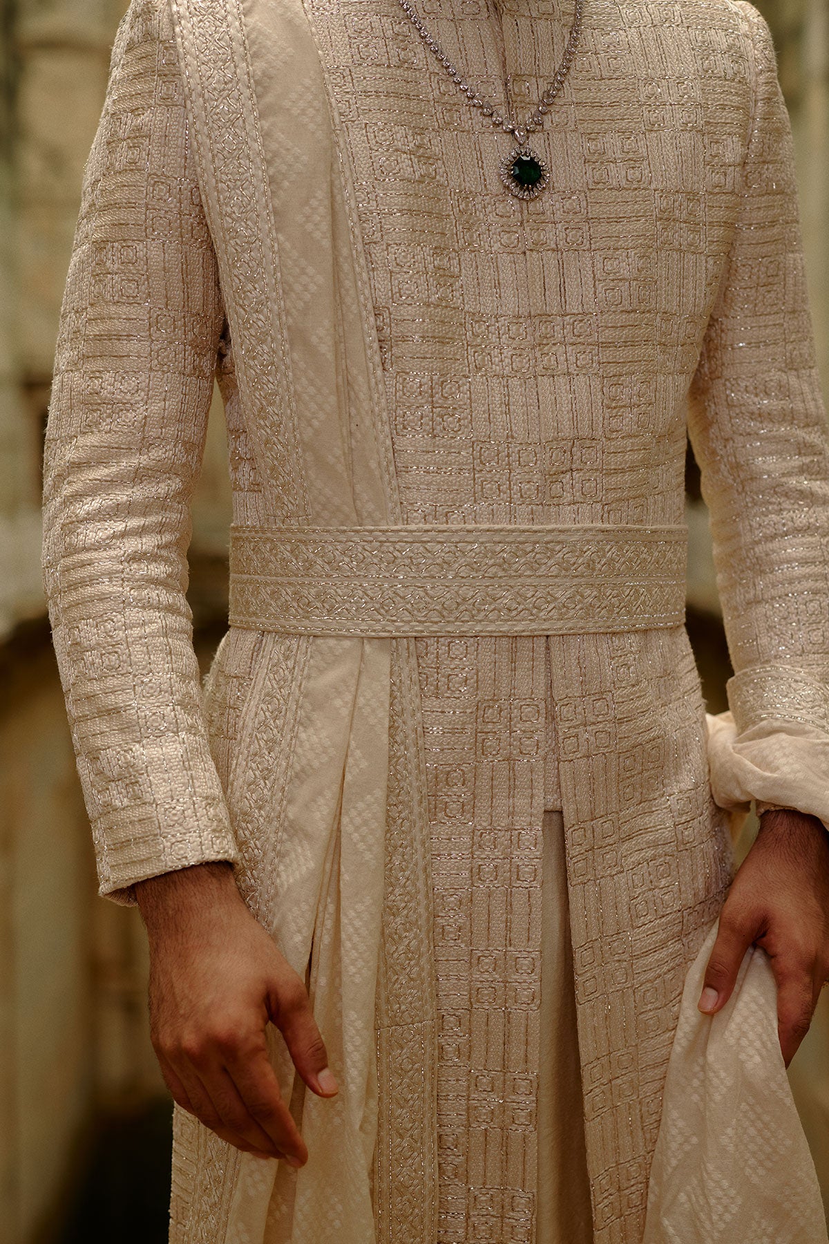 Beige Geometric Embroidered Raw Silk Sherwani Set