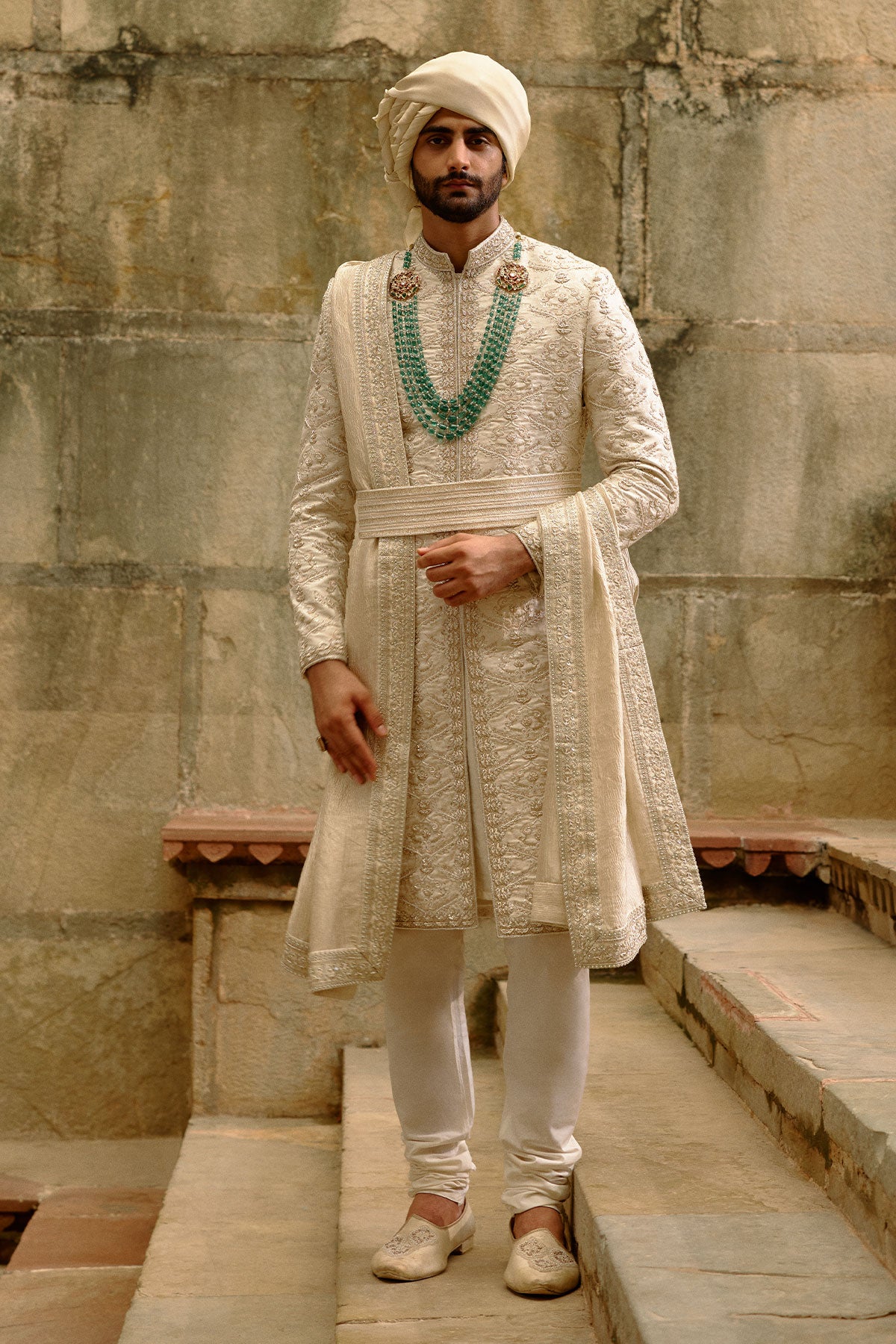 Linen Silk Brocade Zardozi Sherwani Set