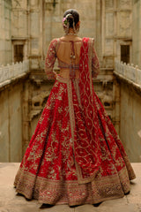 Red Raw Silk Lehenga With Multi-Bead Work