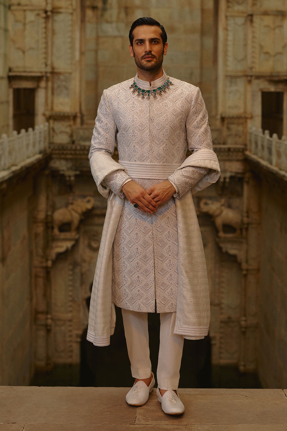 Grey Silver Embroidered Sherwani Set