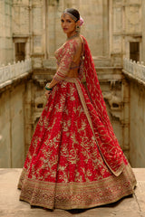 Red Raw Silk Lehenga With Multi-Bead Work