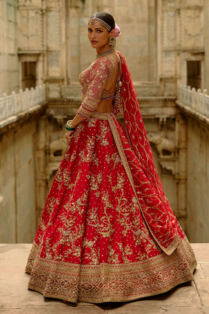 Red Raw Silk Lehenga With Multi-Bead Work