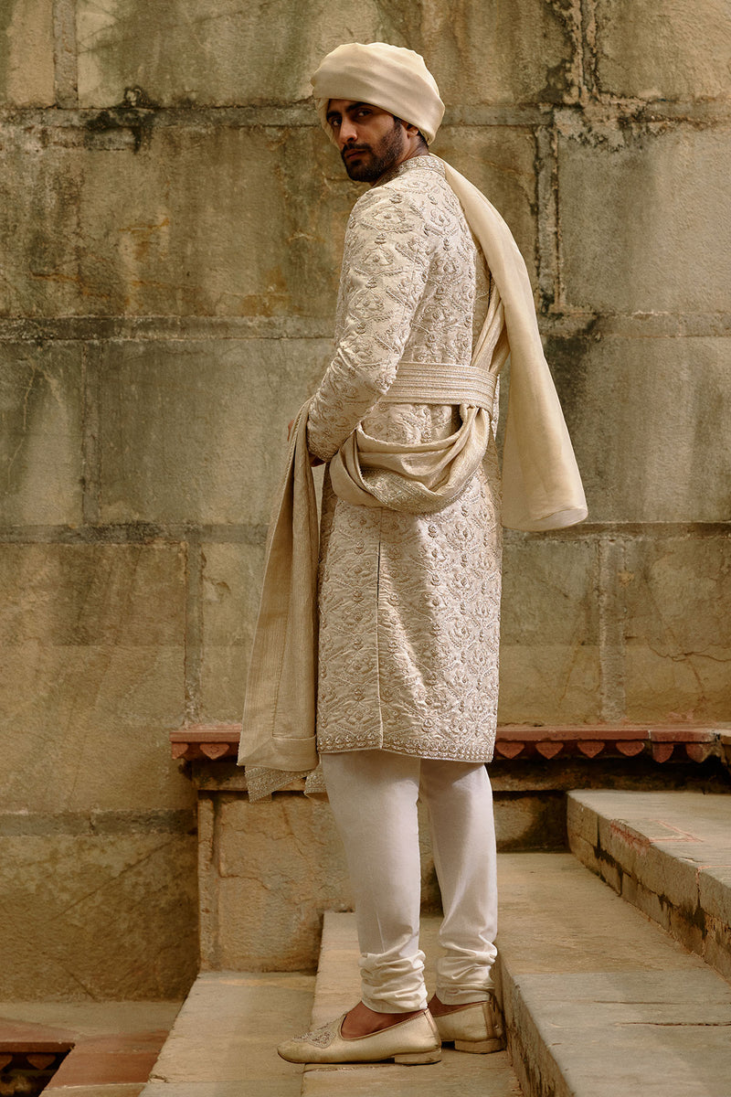 Linen Silk Brocade Zardozi Sherwani Set