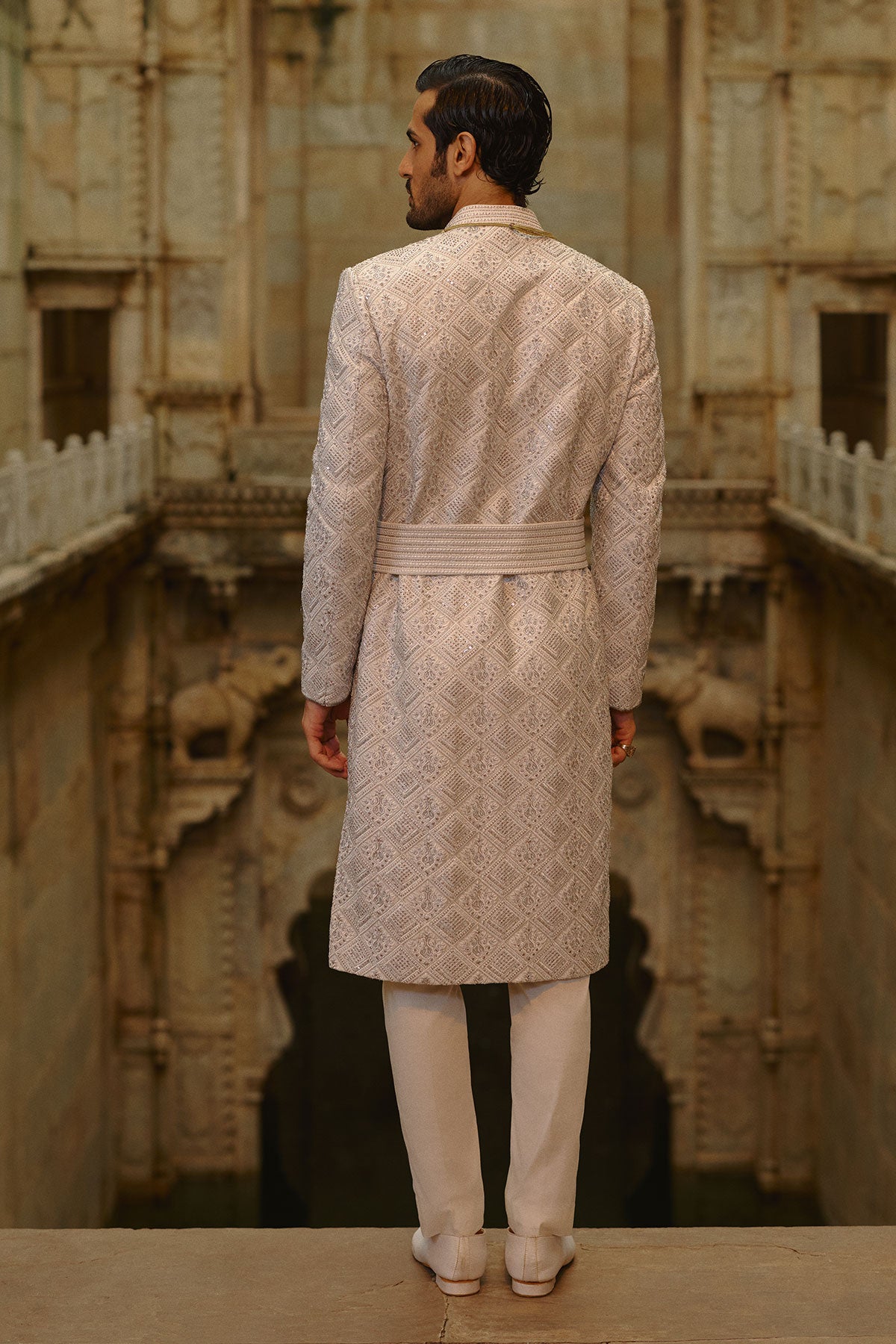 Grey Silver Embroidered Sherwani Set