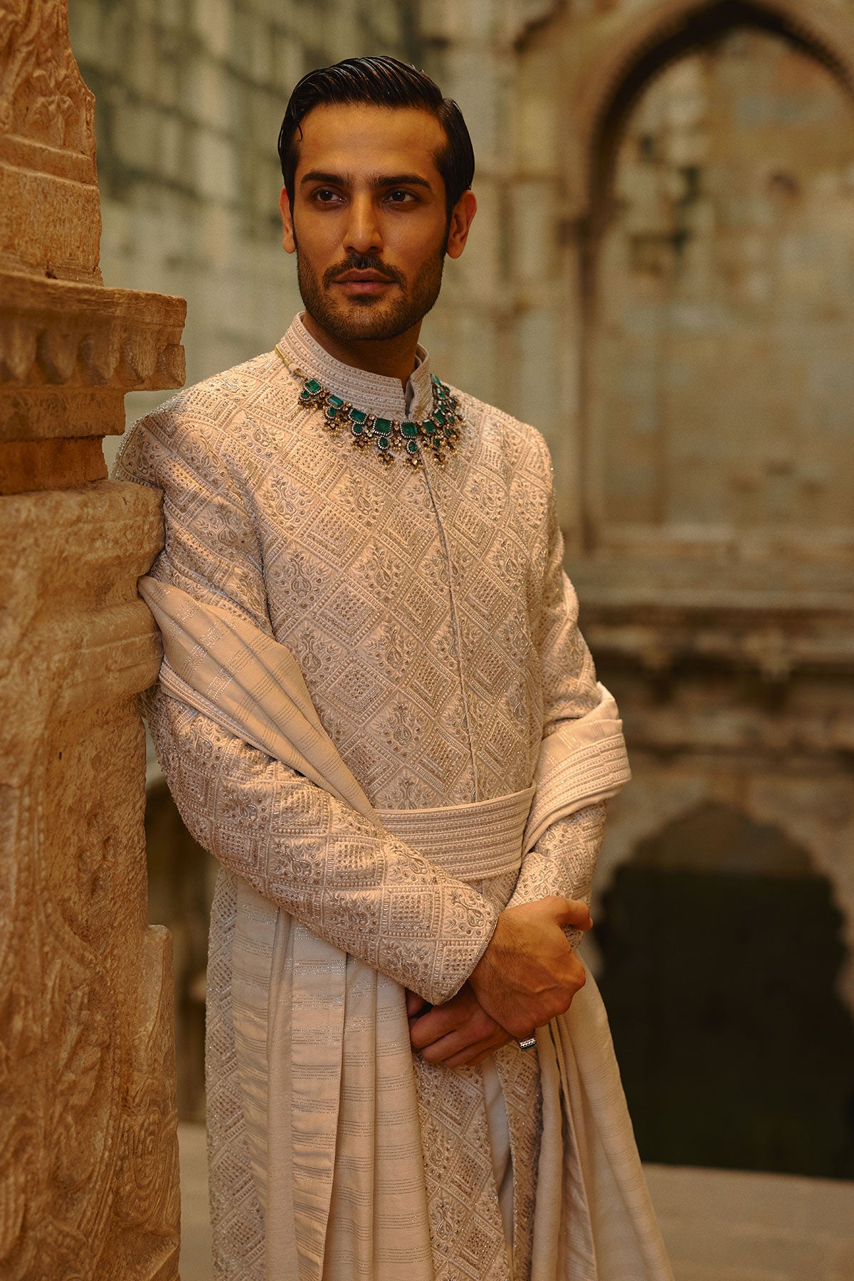 Grey Silver Embroidered Sherwani Set