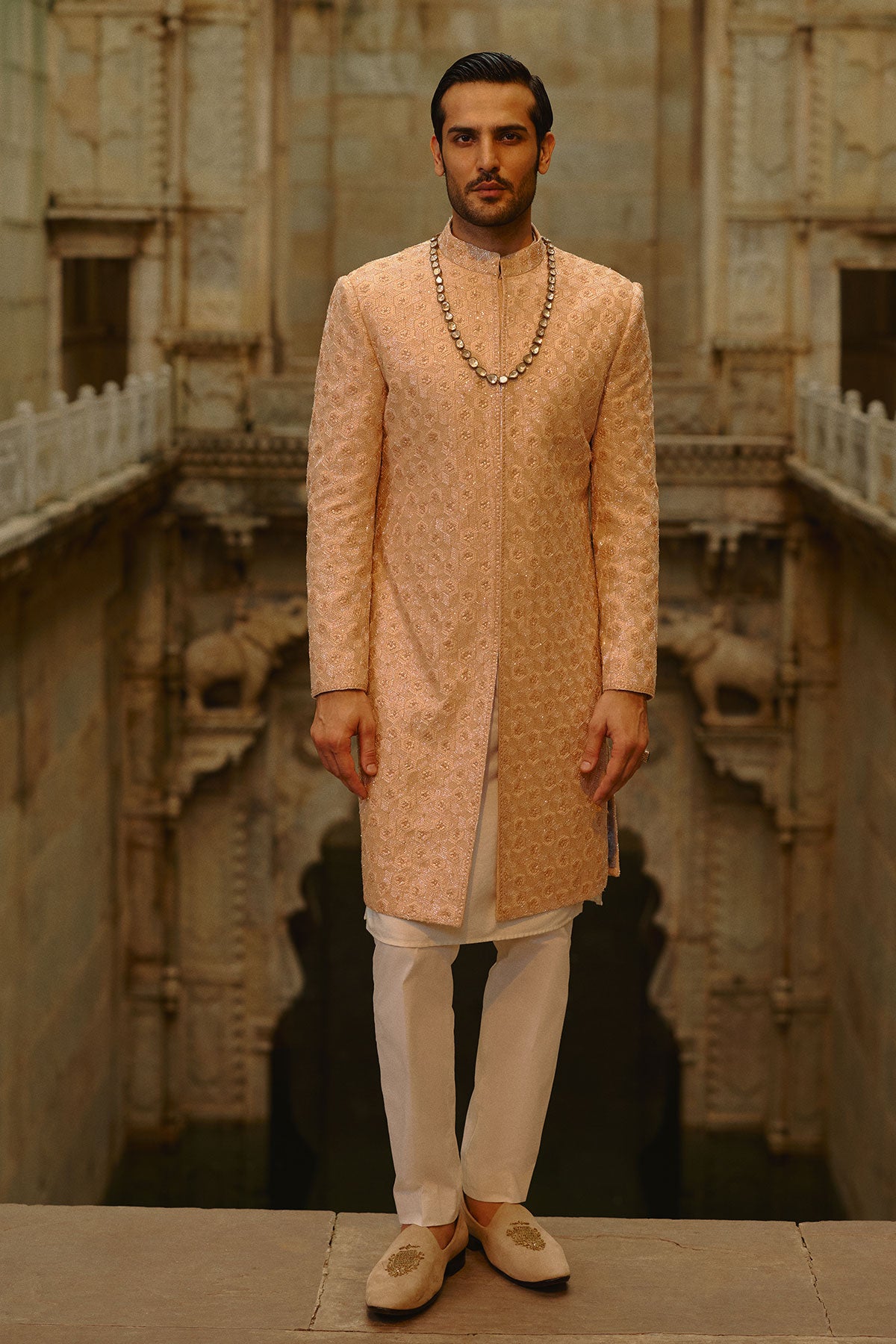 Peach Geometric Sherwani With Kurta & Trouser Set