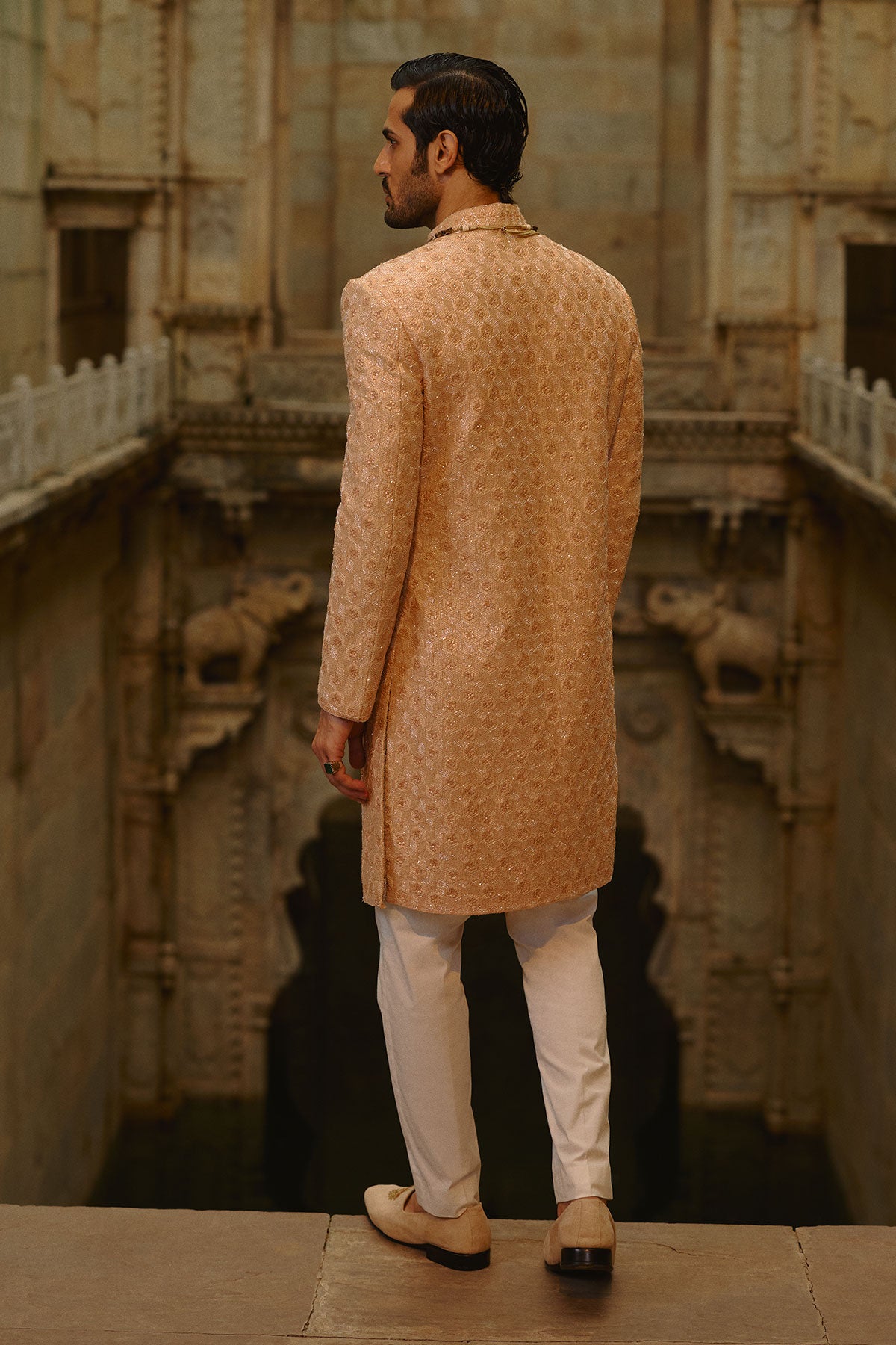 Peach Geometric Sherwani With Kurta & Trouser Set