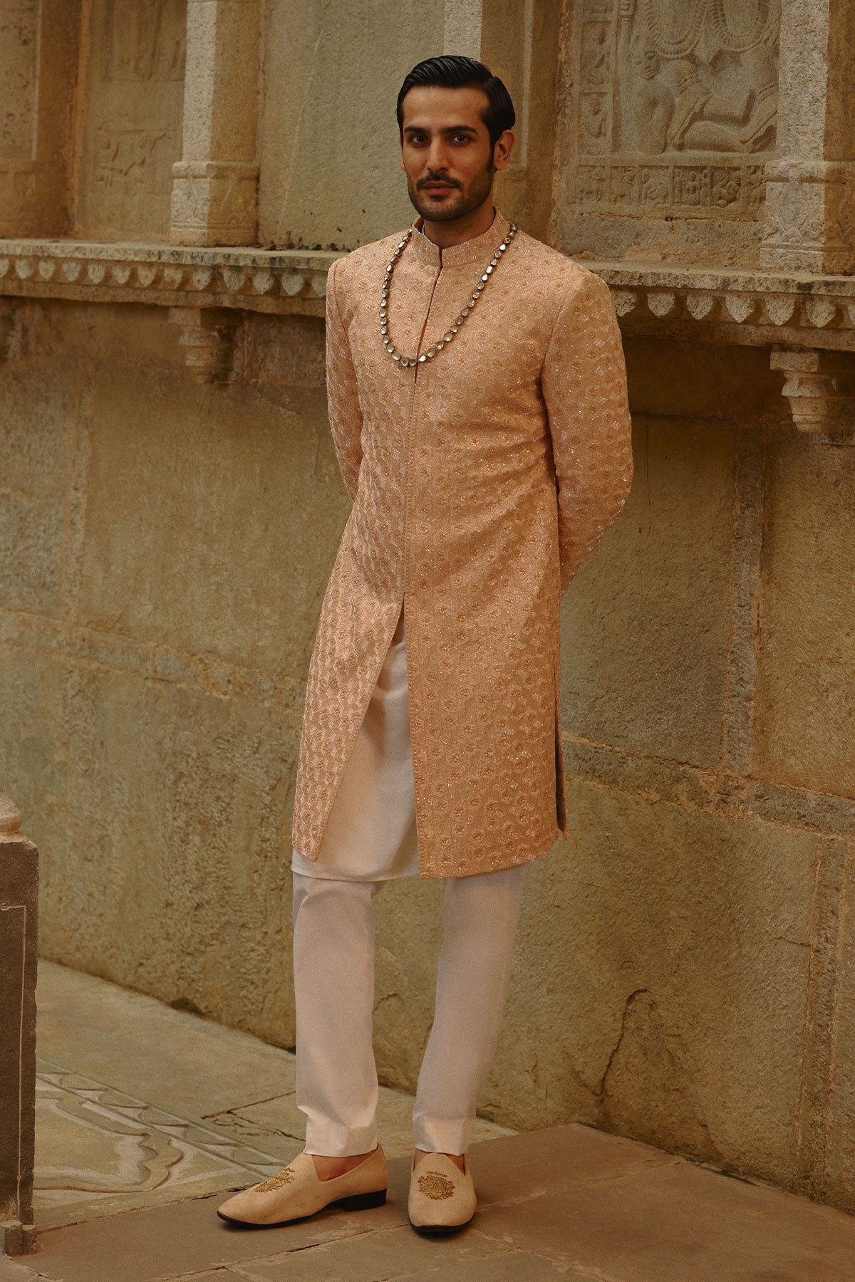 Peach Geometric Sherwani With Kurta & Trouser Set