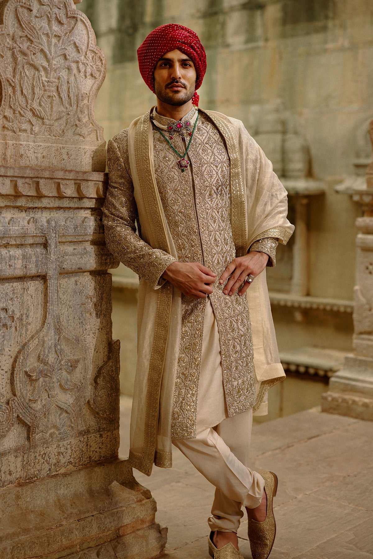 Gold Sherwani Zardozi Embroidery Set
