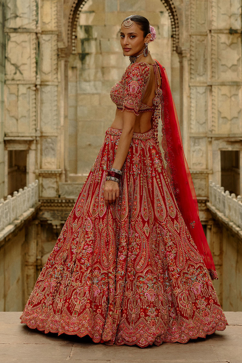 Red Raw Silk Multi-Resham Embroidery Lehenga Set