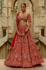 Red Raw Silk Multi-Resham Embroidery Lehenga Set