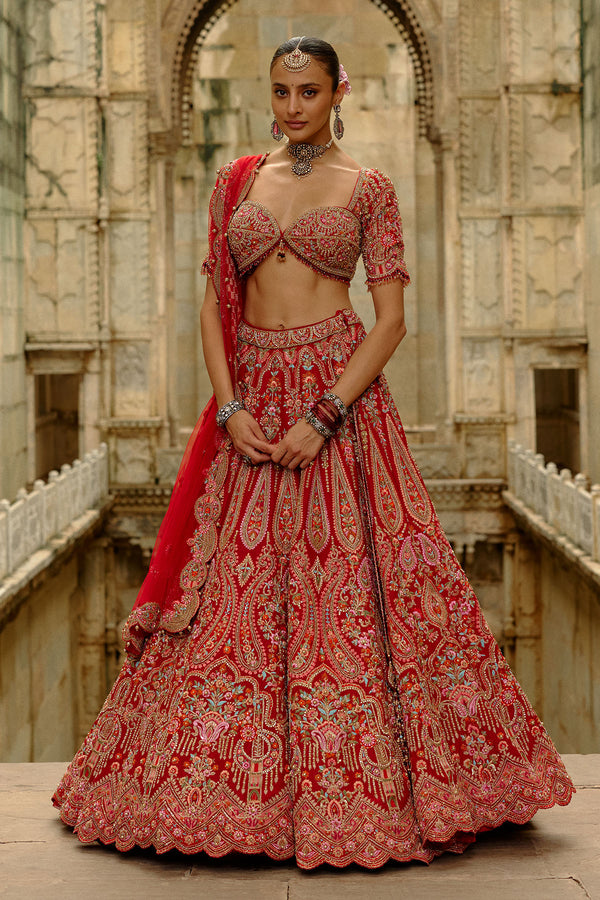 Red Raw Silk Multi-Resham Embroidery Lehenga Set