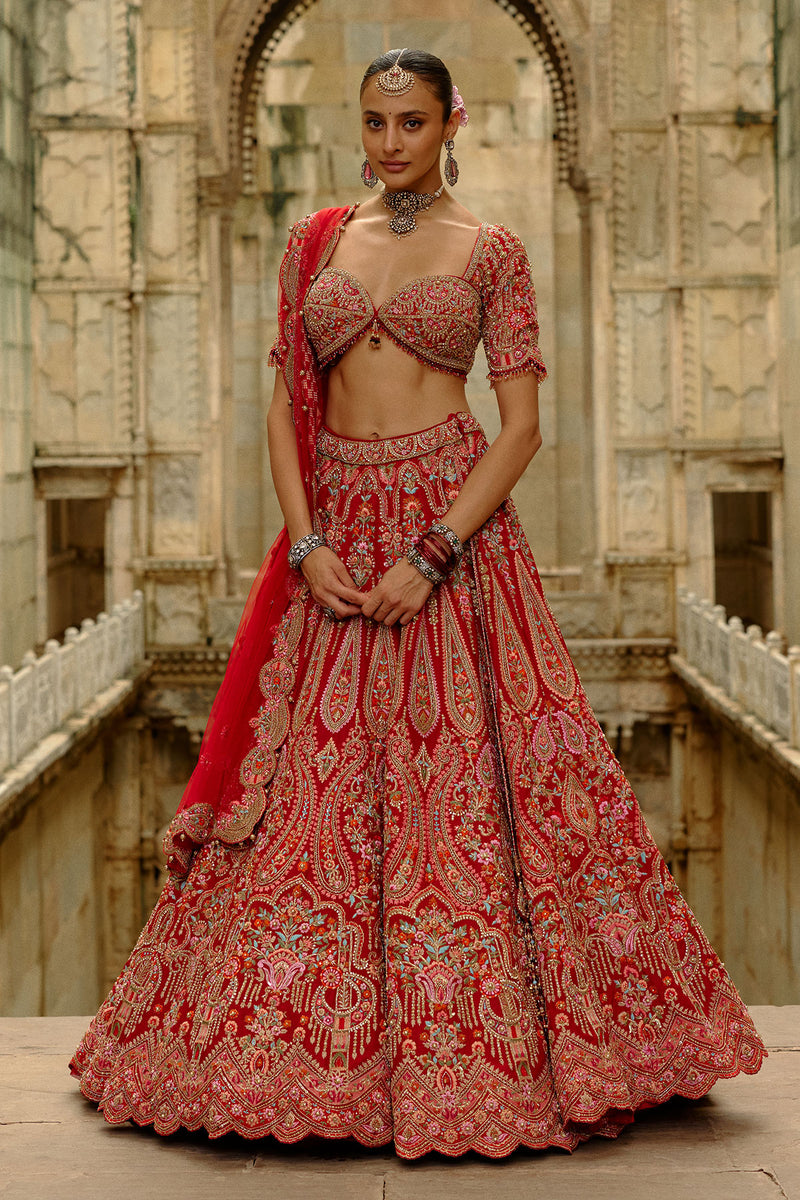 Red Raw Silk Multi-Resham Embroidery Lehenga Set