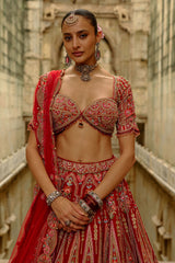 Red Raw Silk Multi-Resham Embroidery Lehenga Set