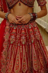 Red Raw Silk Multi-Resham Embroidery Lehenga Set