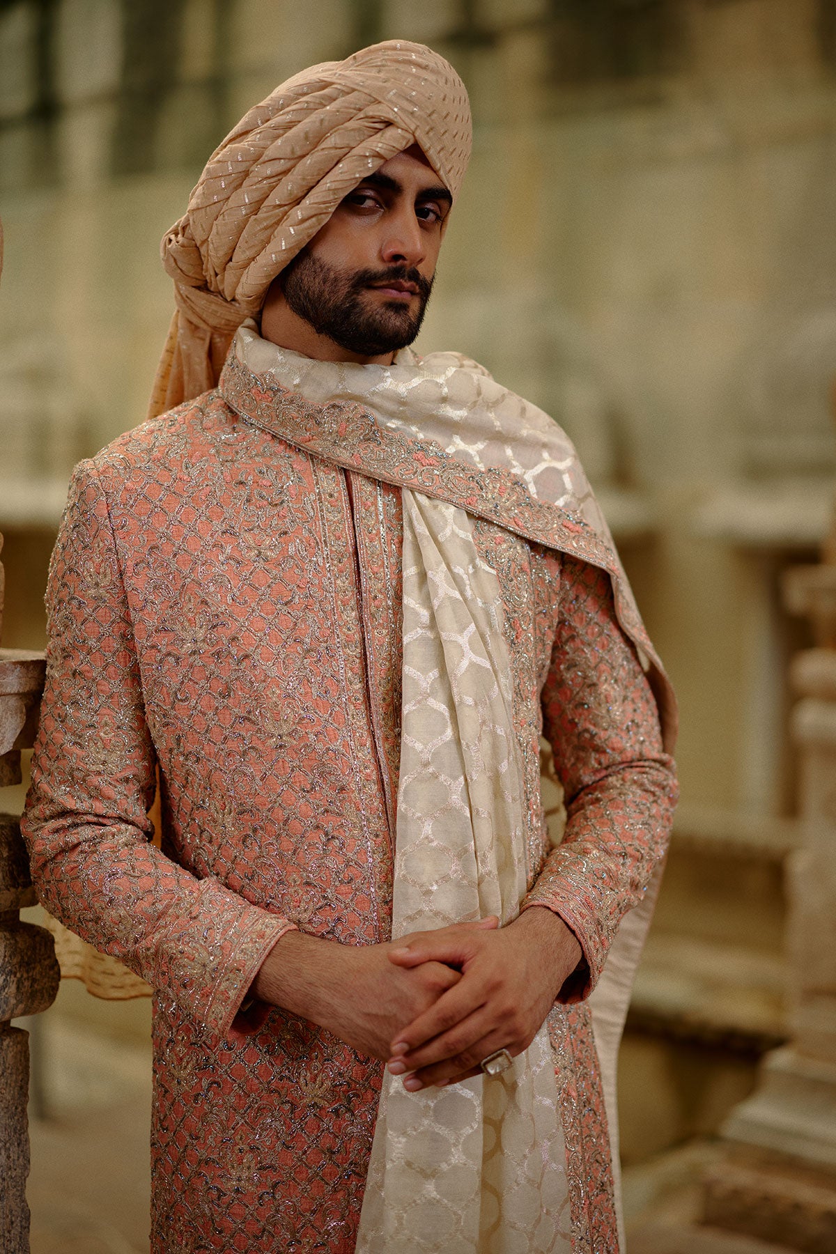 Pink Salmon Matka Sherwani With Beige Kurta Churidar Set