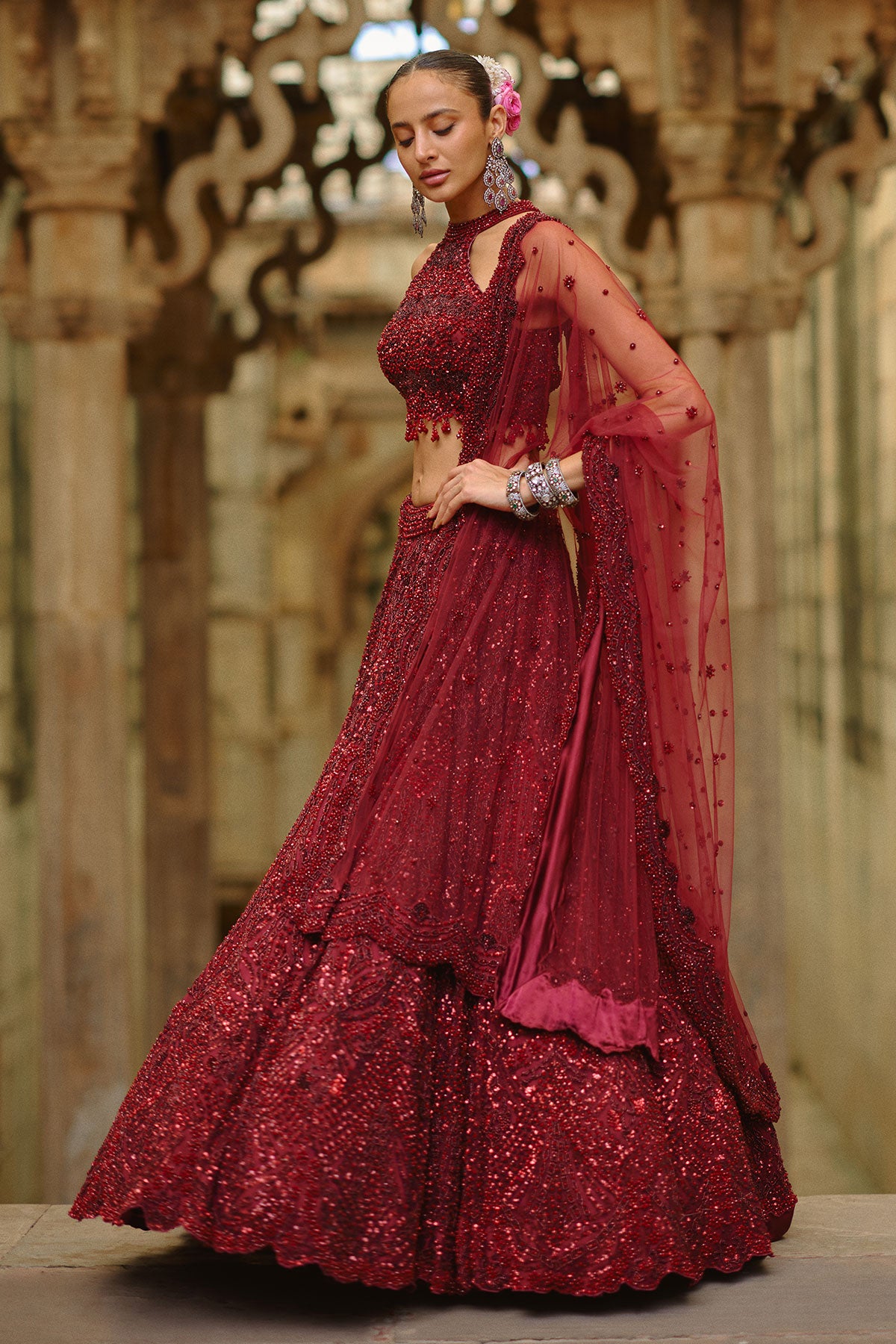 Burgundy Lehenga Choli Dupatta Set