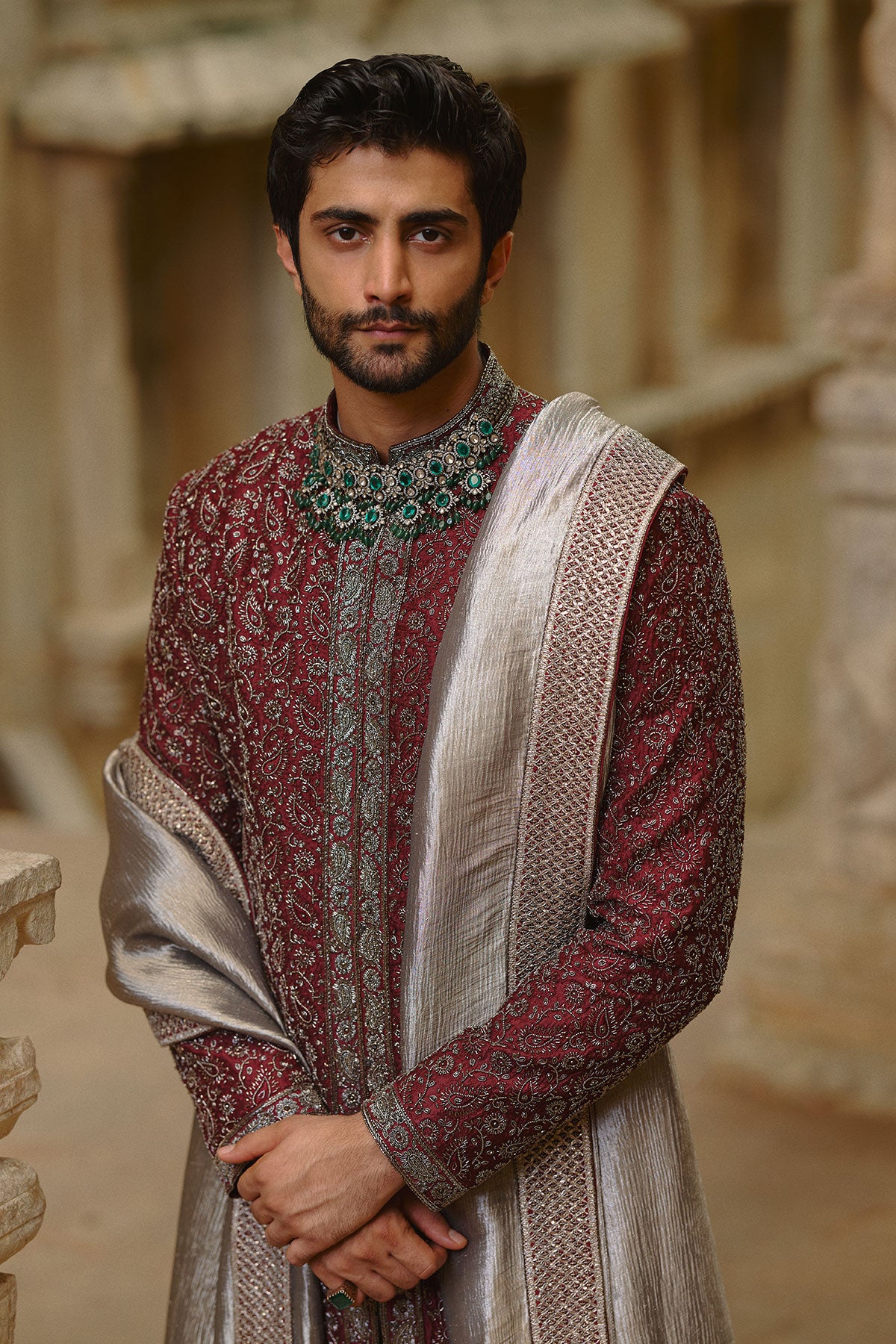 Burgundy Raw Silk Sherwani Set
