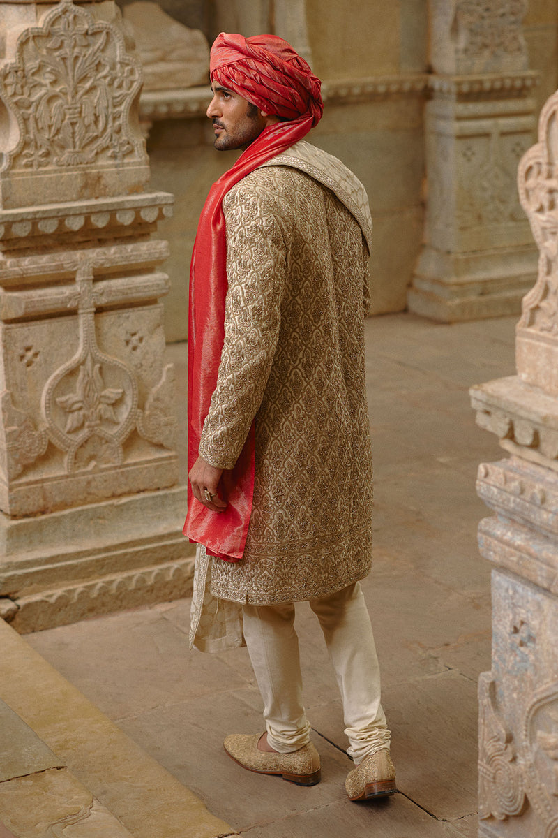 Gold Twill Woven Sherwani Gold Embroidery