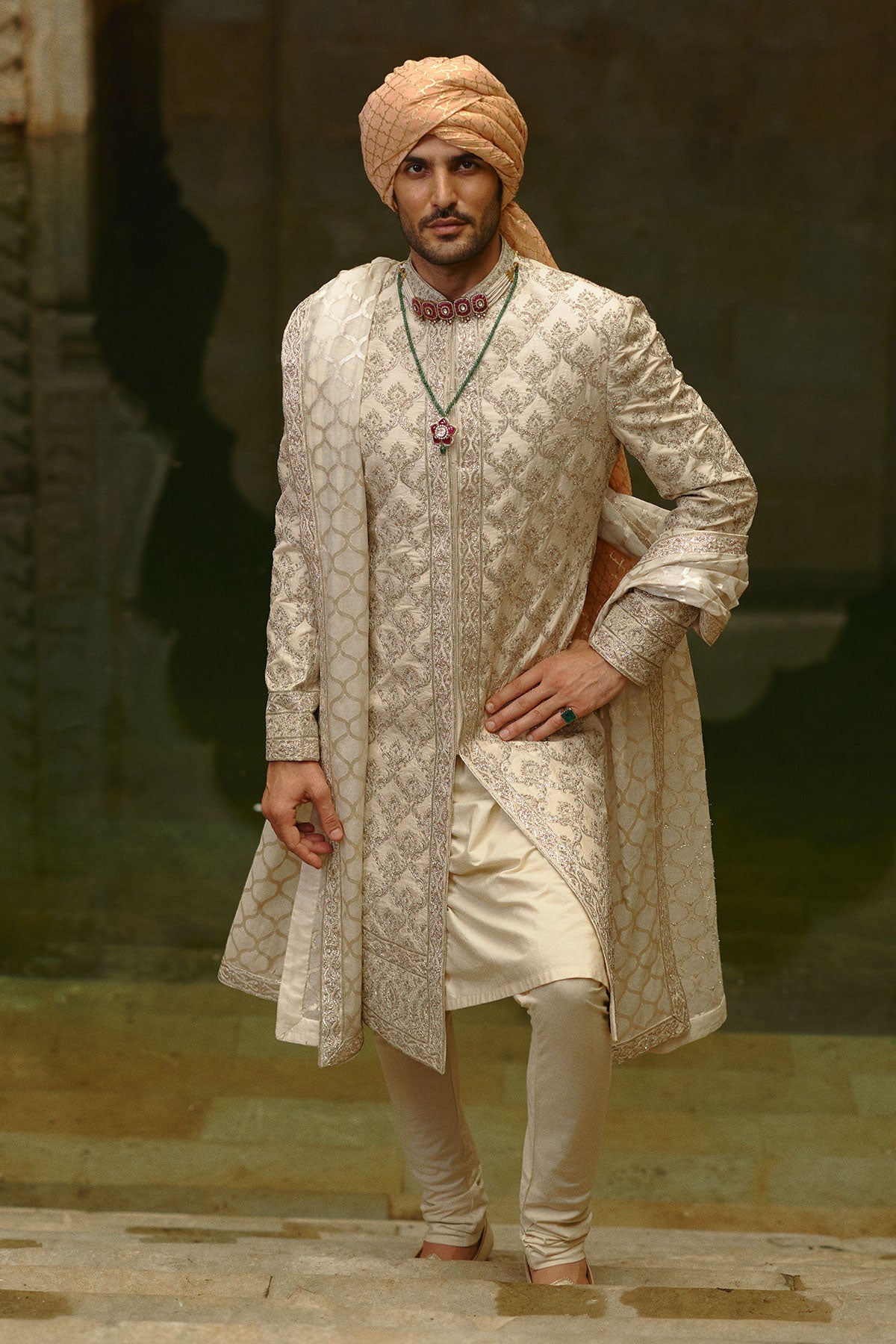 Ivory Tafetta Silk Dabka Jaal Sherwani Set