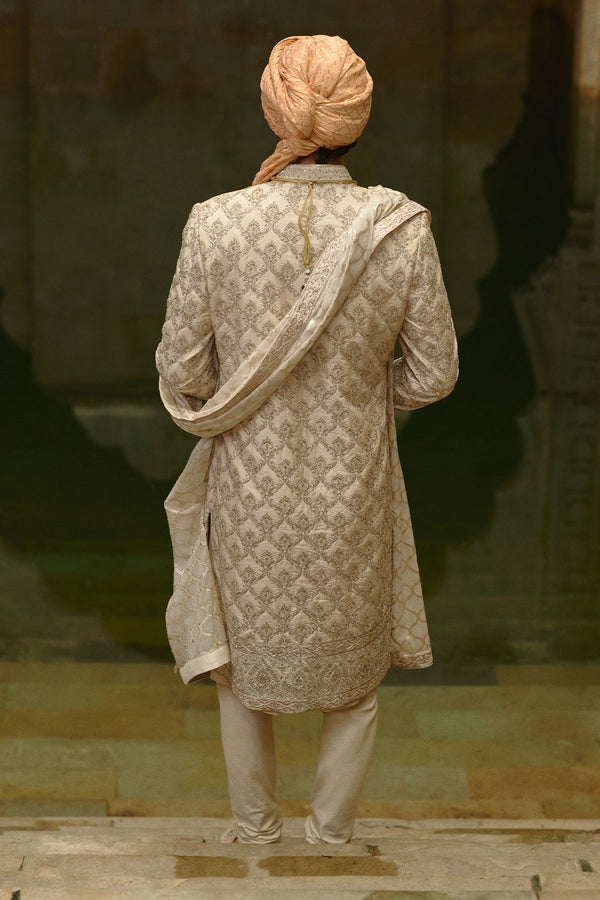 Ivory Tafetta Silk Dabka Jaal Sherwani Set
