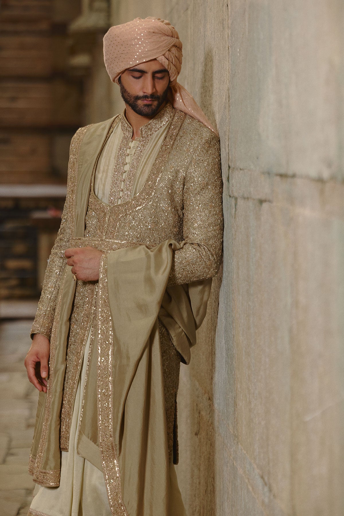 Olive Green Raw Silk Sherwani With Choga Set