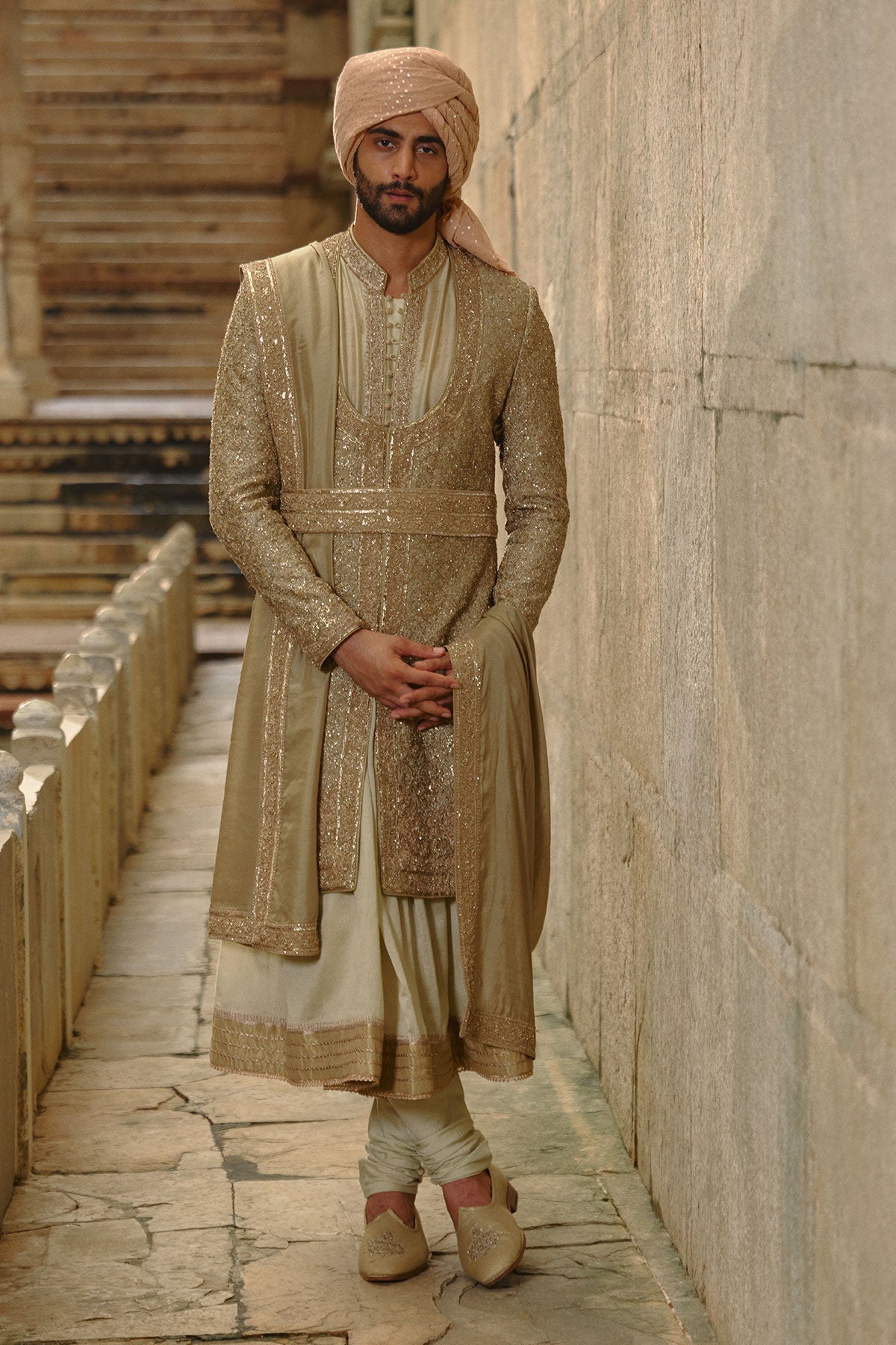 Olive Green Raw Silk Sherwani With Choga Set