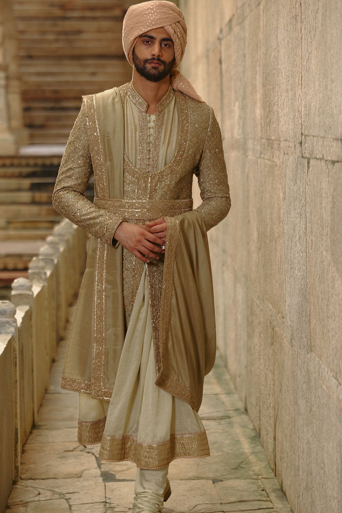 Olive Green Raw Silk Sherwani With Choga Set