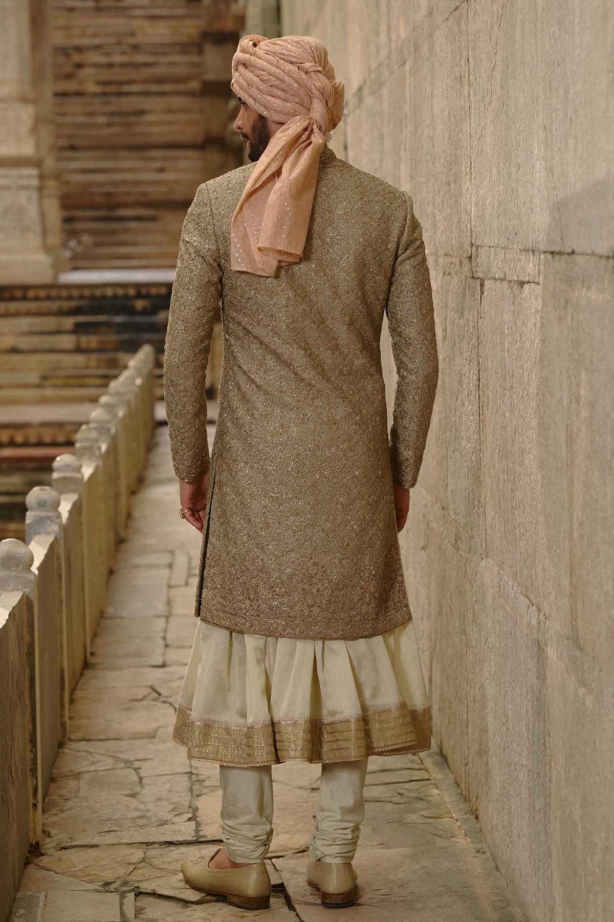 Olive Green Raw Silk Sherwani With Choga Set