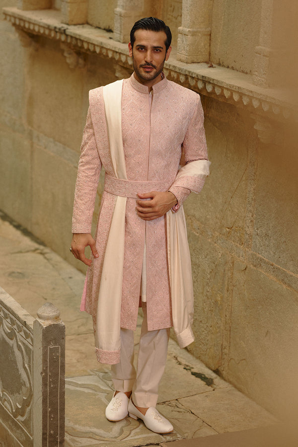 Blush Pink Tafetta Silk Sherwani Set