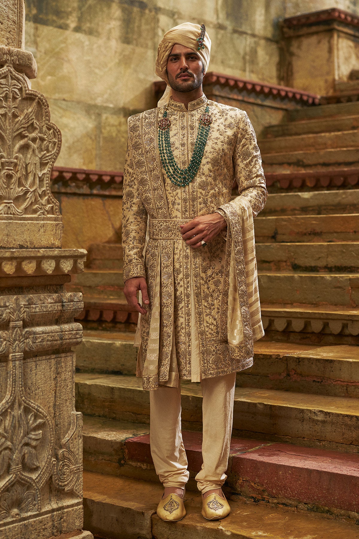 Cream Taffeta Sherwani Applique And Zardozi Jaal Set