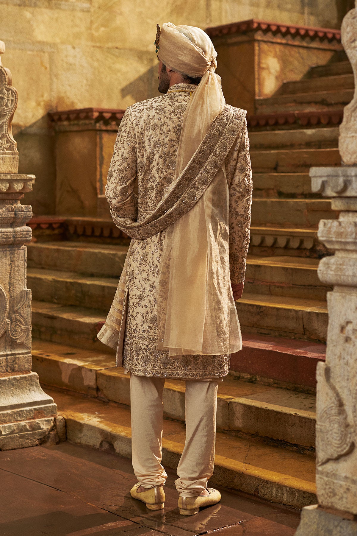 Cream Taffeta Sherwani Applique And Zardozi Jaal Set