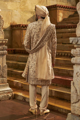 Cream Taffeta Sherwani Applique And Zardozi Jaal Set