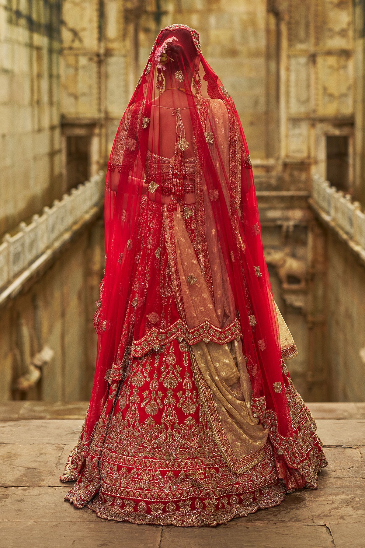 Red Raw Silk Lehenga And Gold Choli Set