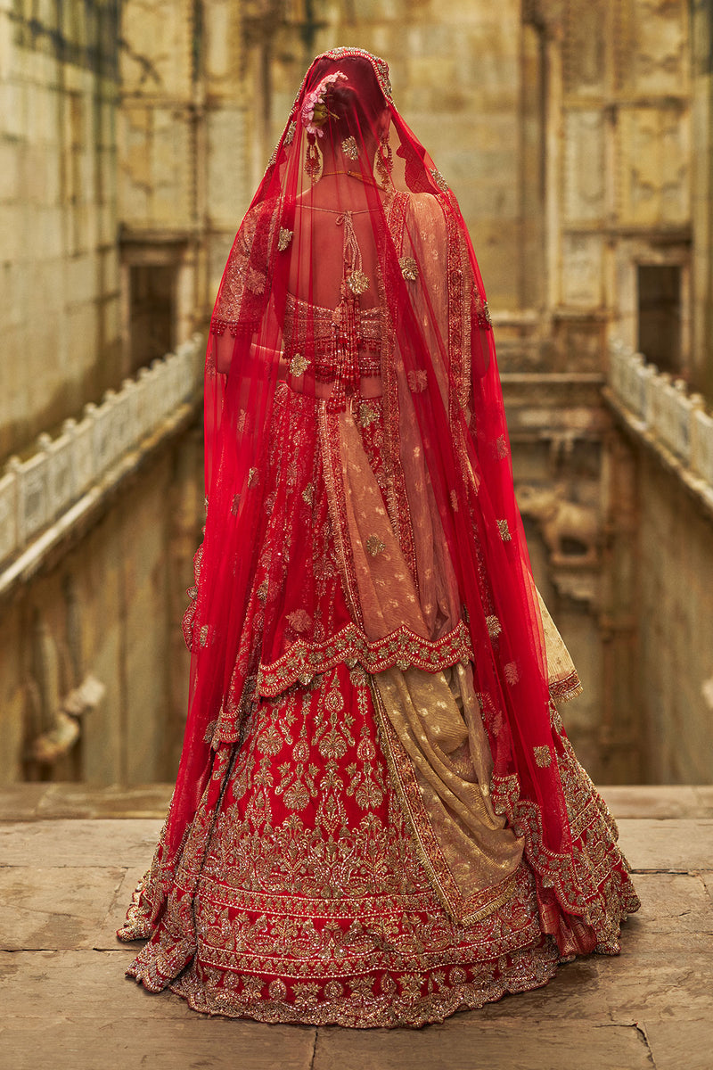 Red Raw Silk Lehenga And Gold Choli Set