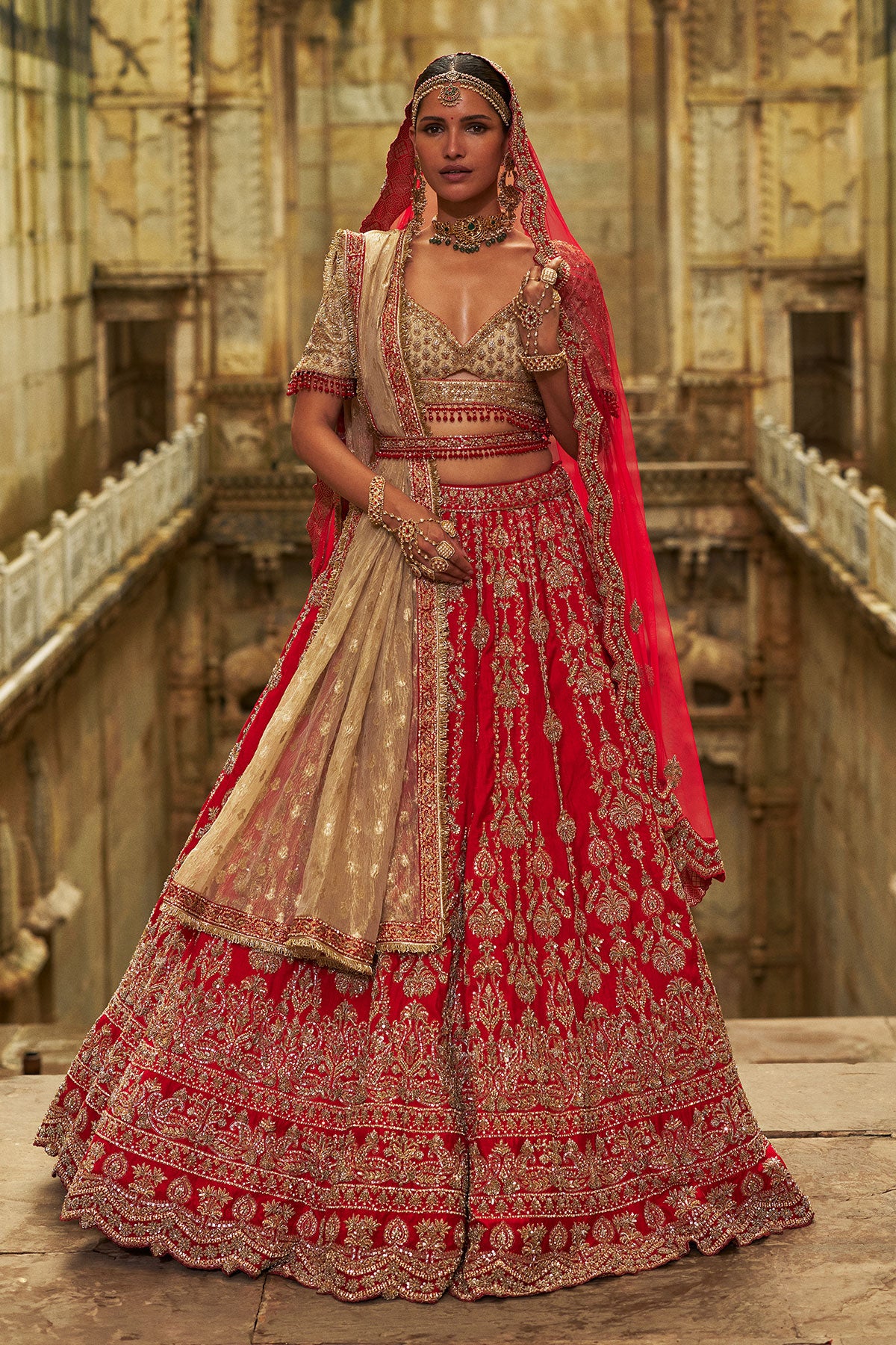 Red Raw Silk Lehenga And Gold Choli Set