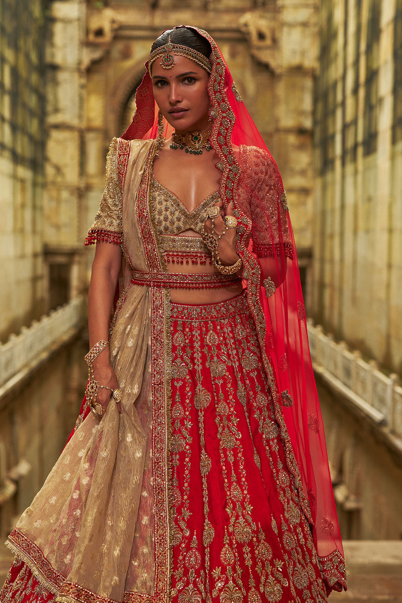 Red Raw Silk Lehenga And Gold Choli Set