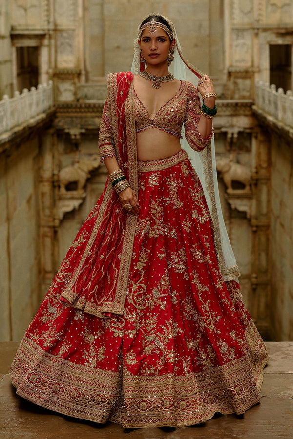 Red Raw Silk Lehenga With Multi-Bead Work