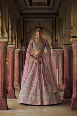 BLUSH PINK VELVET LEHENGA CHOLI WITH NET DUPATTA