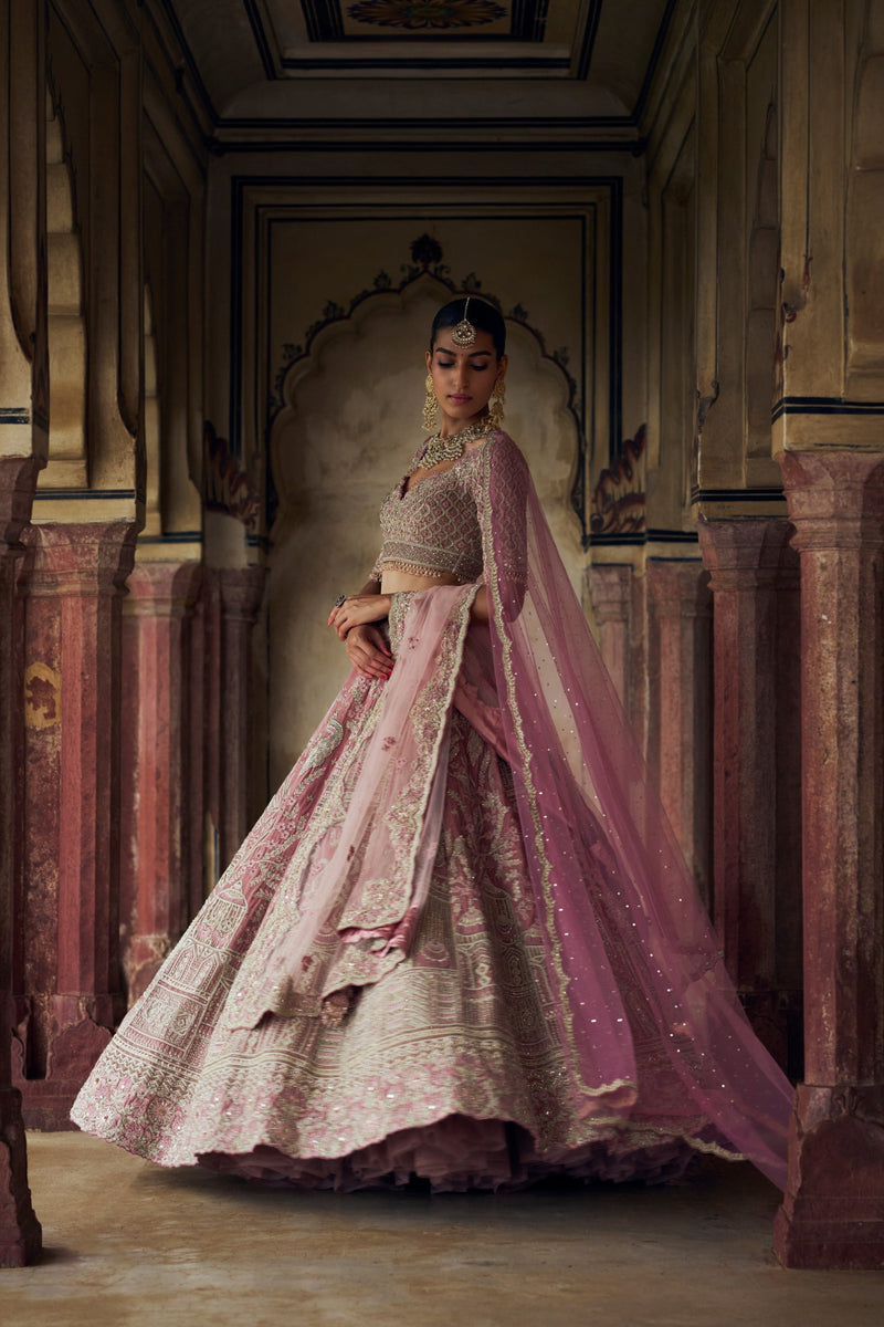 BLUSH PINK VELVET LEHENGA CHOLI WITH NET DUPATTA