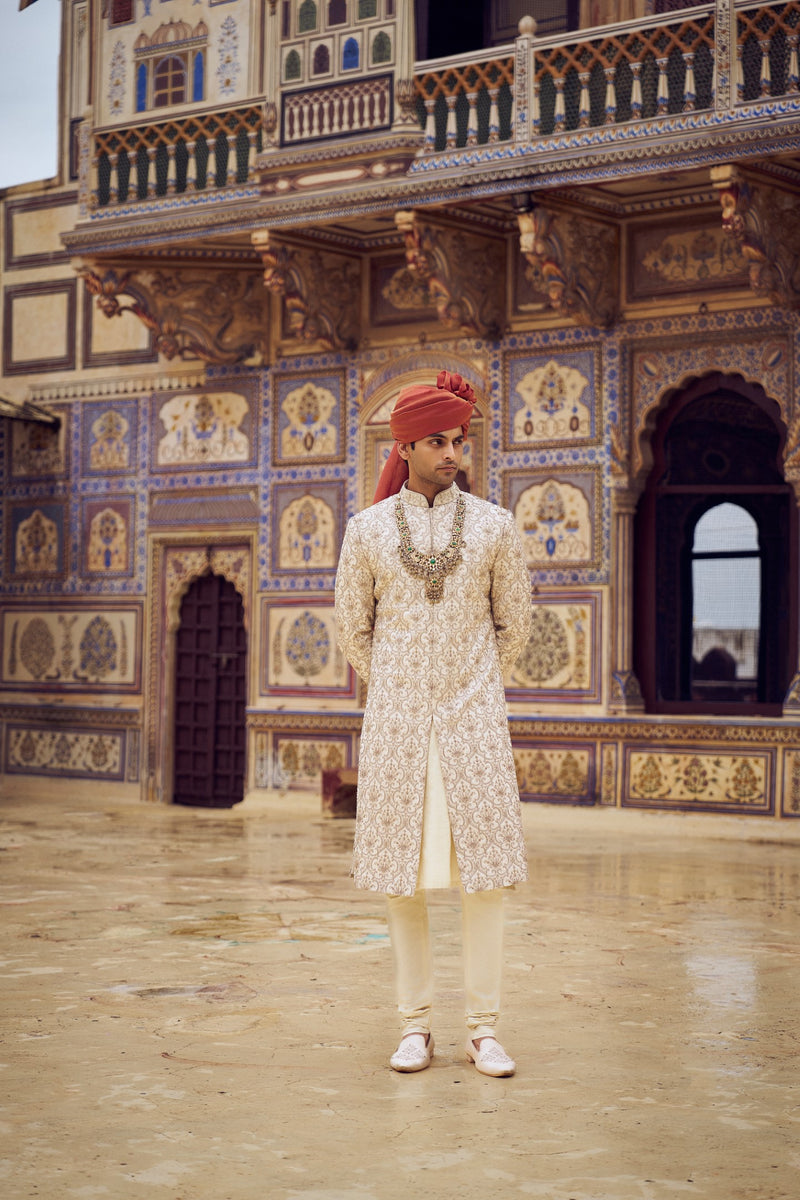 LIGHT BEIGE RAW SILK SHERWANI WITH KURTA AND CHURIDAR