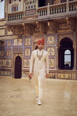 LIGHT BEIGE RAW SILK SHERWANI WITH KURTA AND CHURIDAR