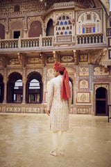 LIGHT BEIGE RAW SILK SHERWANI WITH KURTA AND CHURIDAR