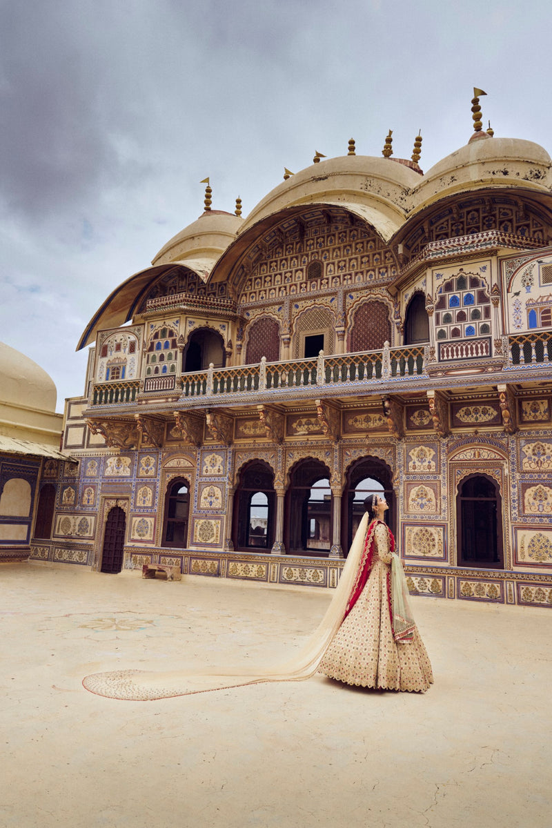 GOLD TISSUE LEHENGA CHOLI SET WITH RED DUPATTA