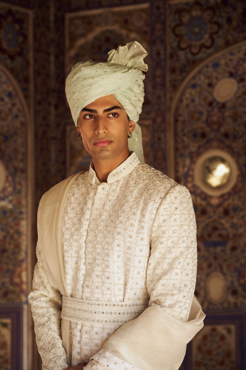 IVORY RAW SILK SHERWANI WITH KURTA AND CHURIDAR