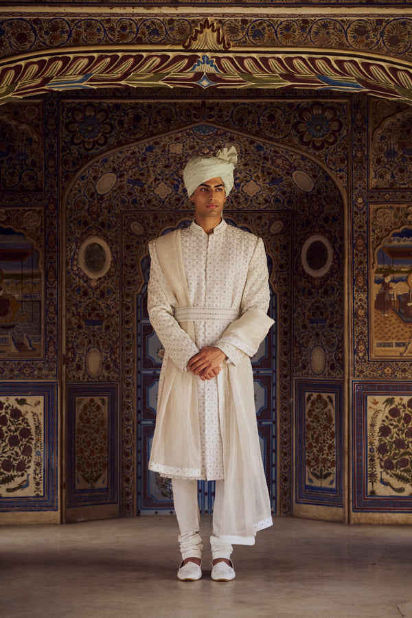 IVORY RAW SILK SHERWANI WITH KURTA AND CHURIDAR