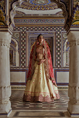 GOLD WOVEN BENARSI LEHENGA WITH RED BORDER AND RED RAW SILK CHOLI AND A RED NET JAAL DUPATTA