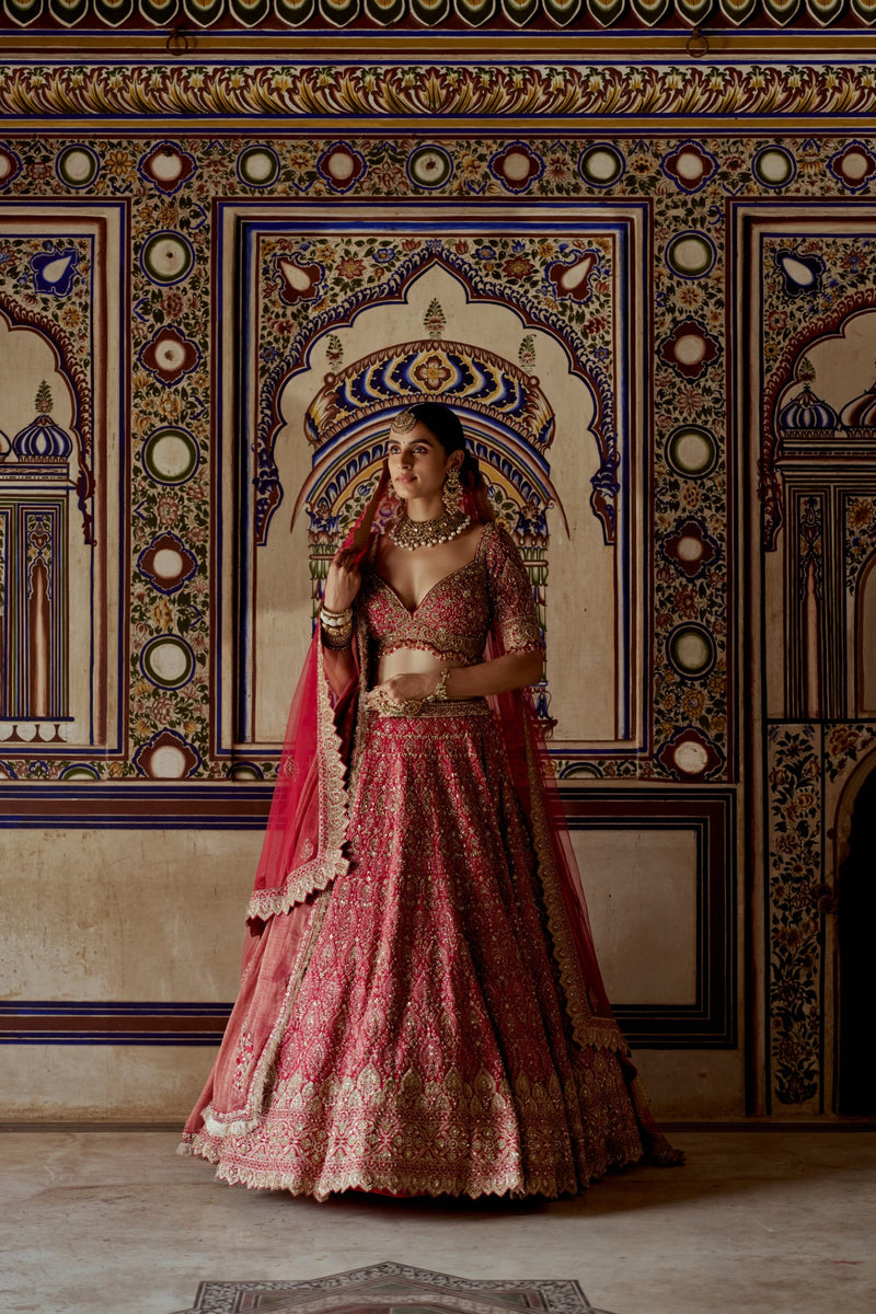 RED RAW SILK LEHENGA CHOLI WITH A NET DUPATTA